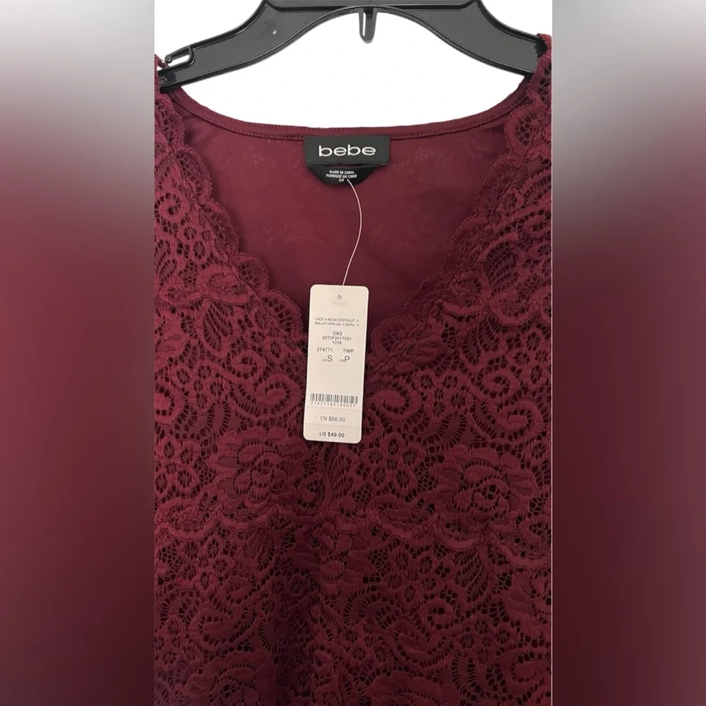 Bebe Laced V-Neck Body Suit-Plum - Picture 3 of 6